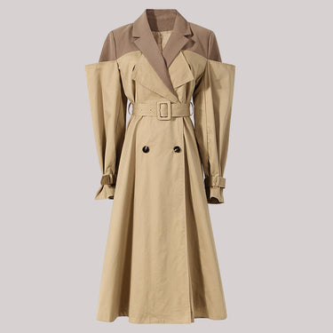 Neutral Color Knot Collar Trench Coat Women Mid Length Knee Autumn Design Waist Trimming Coat - Modestly Vogue
